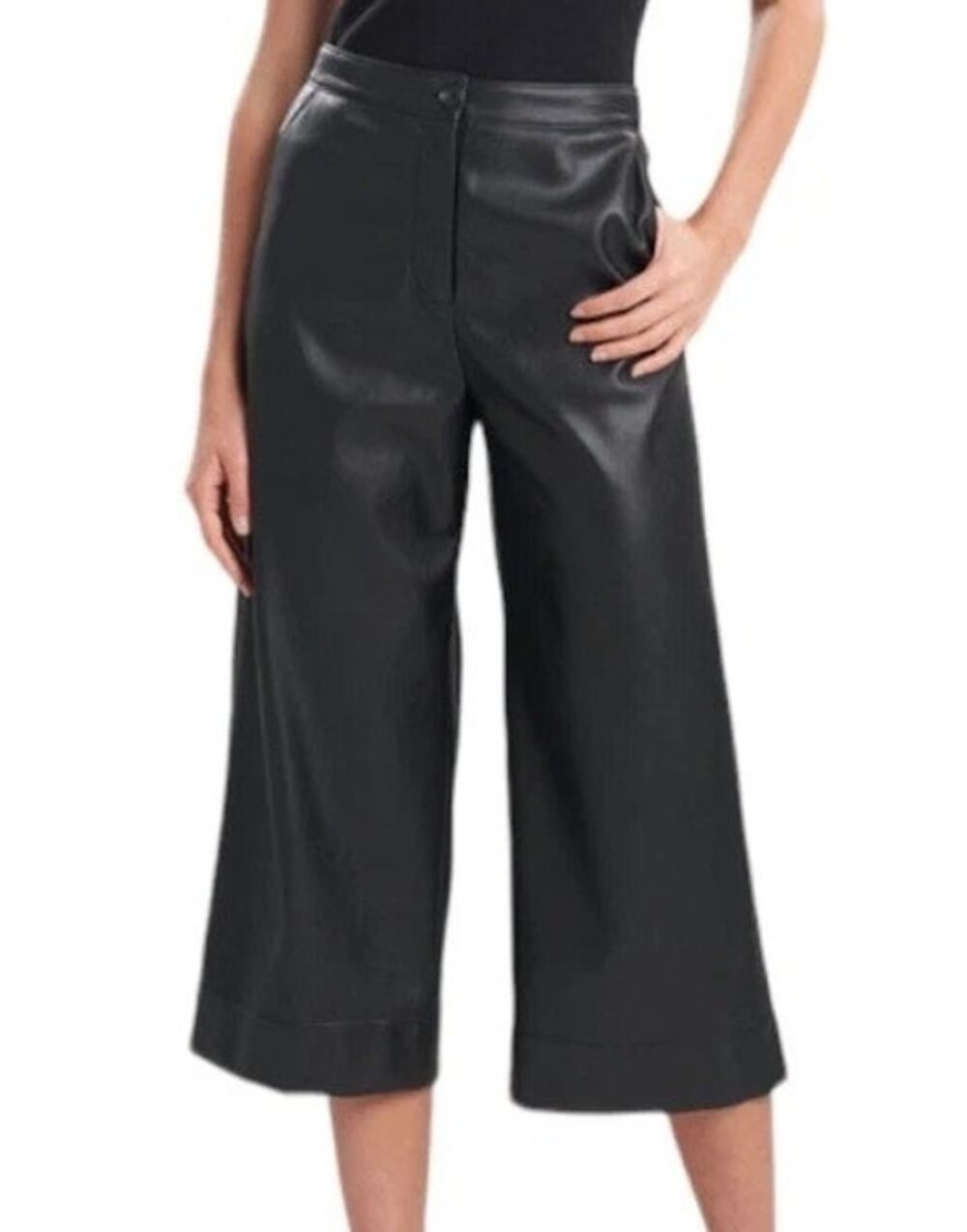 Natori Womens Vegan Leather Culottes Wide Leg Pants Crop 10 Black Quiet Luxury
